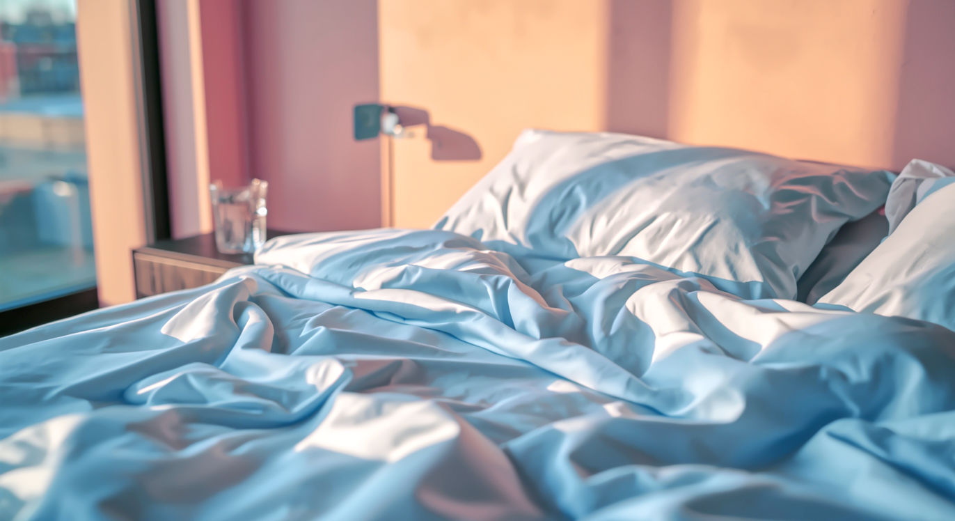 A hyper-realistic, cinematic photograph of a pristine, unmade bed in a modern, minimalist master bedroom. The sheets are a cool, icy blue-white tone, capturing the texture of liquid silk rippling in soft morning light. Golden hour sunlight strikes the aluminum frame of a nearby window, but the bed itself remains in cool shadow to emphasize temperature regulation. On the nightstand, a glass of ice water with condensation. High resolution, 8k, shallow depth of field, shot on 35mm lens.