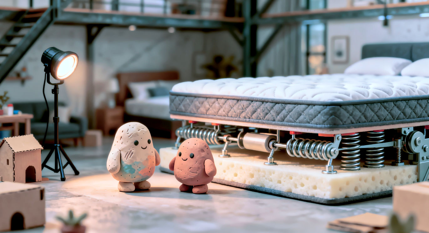 A hyper-realistic, cinematic cross-section of a luxury hybrid mattress sitting in a modern, industrial-chic loft bedroom. Golden hour sunlight hitting the exposed steel coils and layers of memory foam. The image should highlight the mechanical suspension system inside. High resolution, 8k, shallow depth of field, photorealistic style.