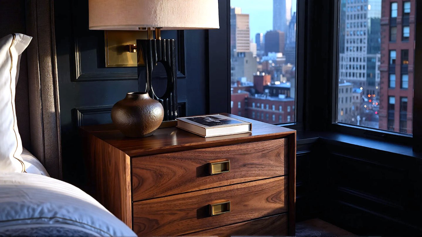 A hyper-realistic, cinematic photograph of a high-end walnut nightstand with drawers sitting in a dark, serene urban master bedroom. Soft, moody lighting (golden hour) hitting the brushed metal hardware. The top surface is clean, holding only a ceramic lamp and a single book, contrasting with the busy city outside the window. High resolution, 8k, shallow depth of field, architectural digest style.
