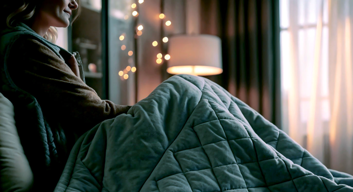 A cinematic, photorealistic close-up of a high-quality grey weighted blanket draped over a person's legs in a dimly lit, modern bedroom. Golden hour lighting filters through sheer curtains, highlighting the plush texture of the Sherpa fleece and the quilted grid stitching. The mood is serene and heavy, emphasizing comfort and stillness. High resolution, 8k, shallow depth of field focused on the blanket's texture.