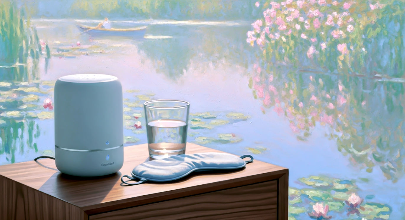A hyper-realistic, cinematic photograph of a sleek white noise machine sitting on a modern walnut nightstand next to a glass of water and a sleeping mask. Golden hour sunlight hitting the matte white finish. Soft, warm ambient lighting to evoke a restful evening. High resolution, 8k, shallow depth of field focusing on the device texture.